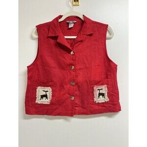VTG Stonebridge Top Womens M Linen Blend Whimsical Novelty Beach Coastal Red